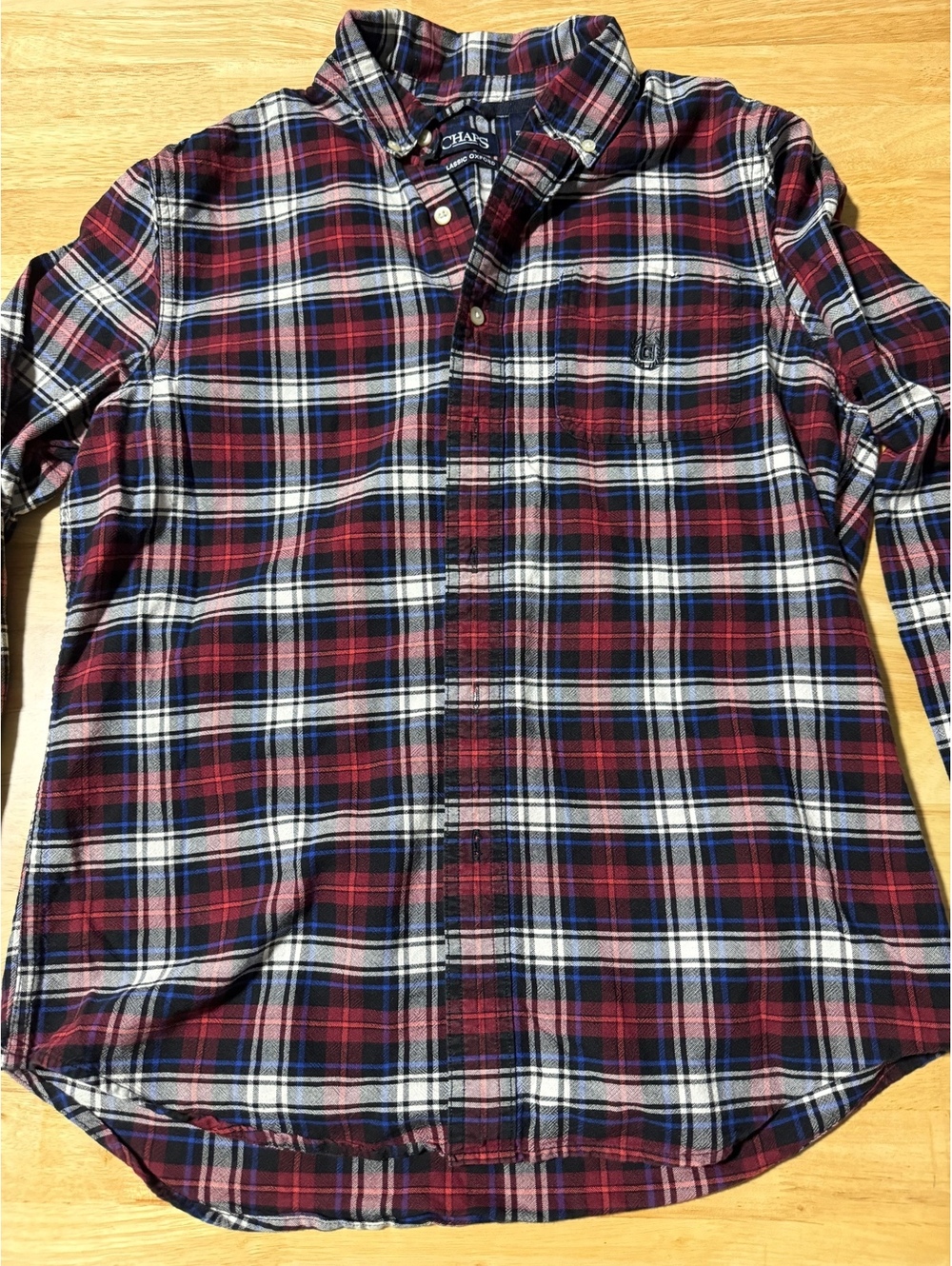 Chaps Men’s Medium Classic Oxford Plaid Button Down Shirt Red White Blue